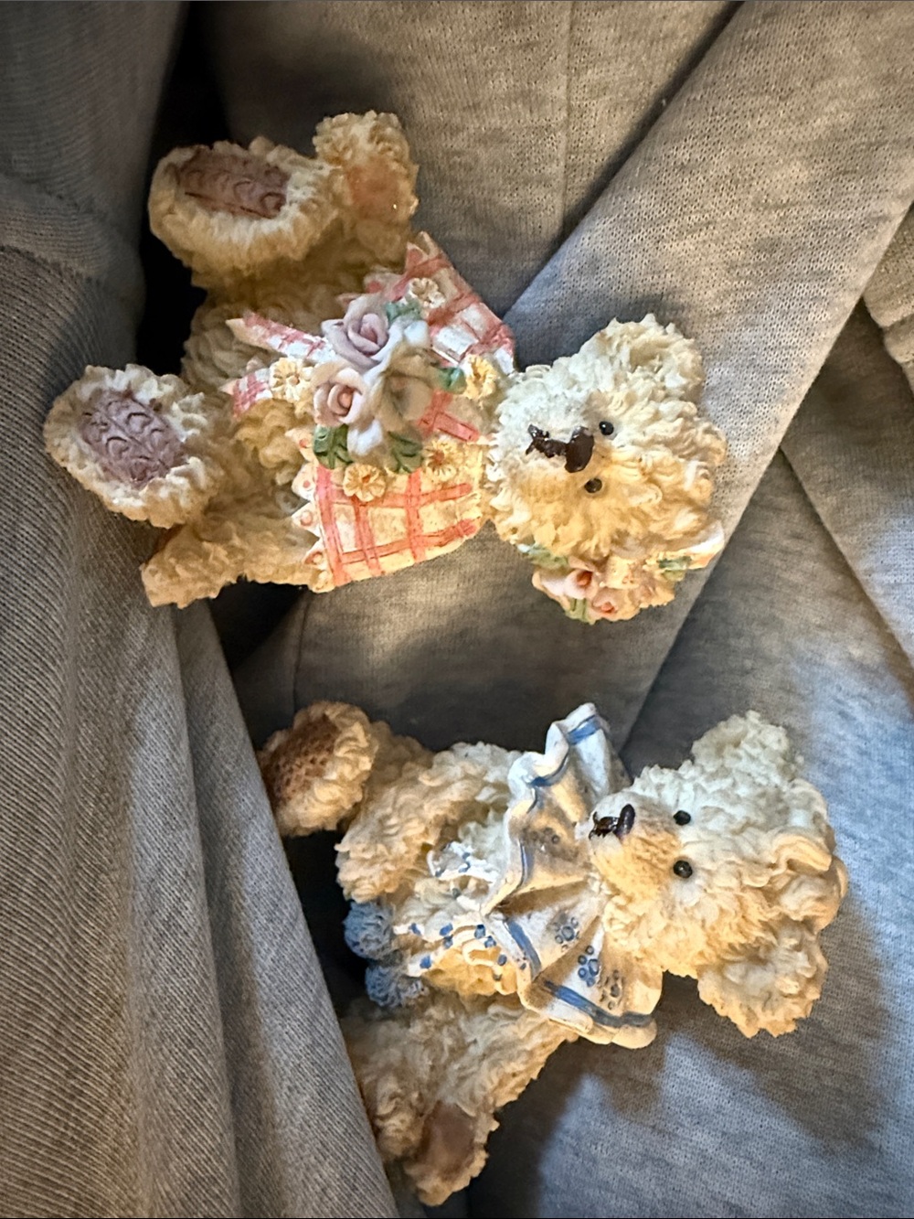 Pair of Cream Decorative Teddy Bear Figurines with Floral Dresses
